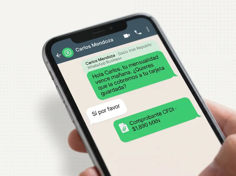 Conversación de WhatsApp Business con recordatorio de mensualidad y comprobante CFDI